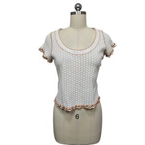 Free People White Floral Eyelet Knit Top Size Small Rust Lettuce Trim OB1683761